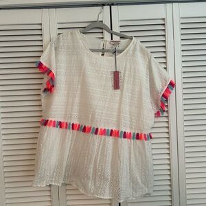 White eyelet blouse with neon fringe detail. NWT. 1X